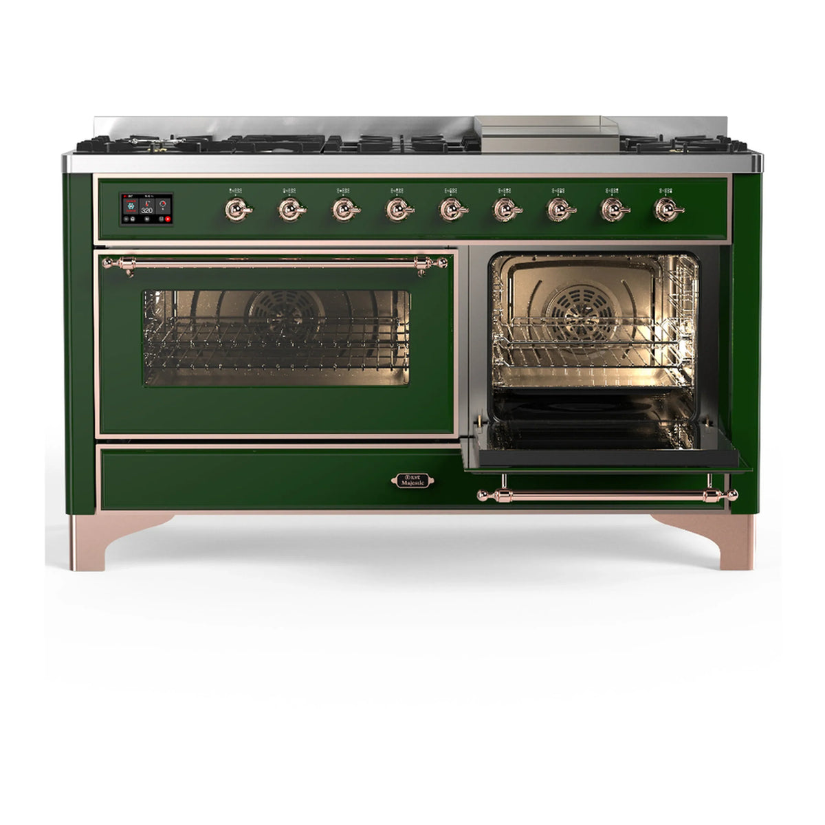 ILVE Majestic III 60-inch Dual Fuel Range with 5 Liquid Propane Burner, Griddle and Triple Glass Door Electric Oven in Emerald Green with Copper Trim (UM60FNR3EGPLP)