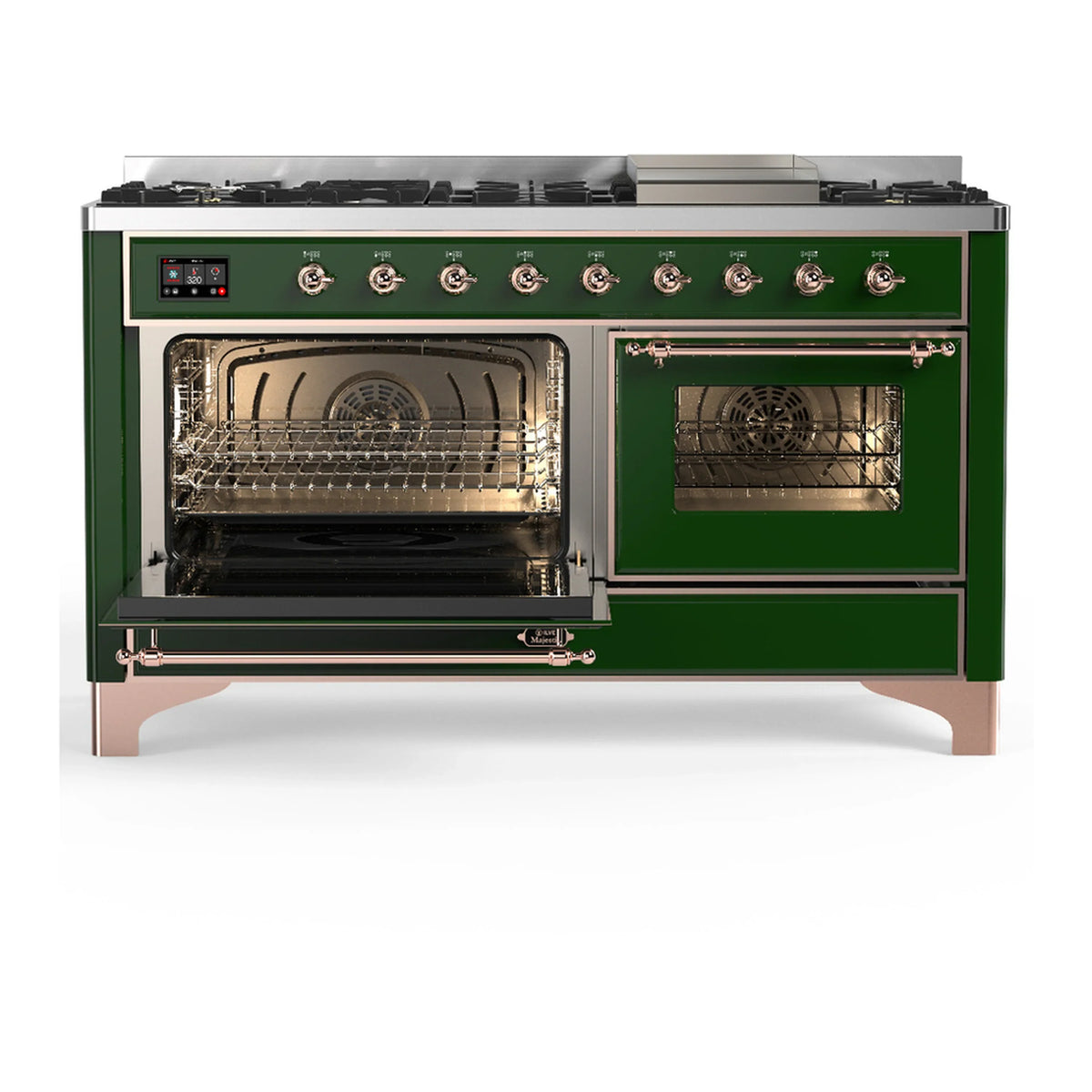 ILVE Majestic III 60-inch Dual Fuel Range with 5 Liquid Propane Burner, Griddle and Triple Glass Door Electric Oven in Emerald Green with Copper Trim (UM60FNR3EGPLP)