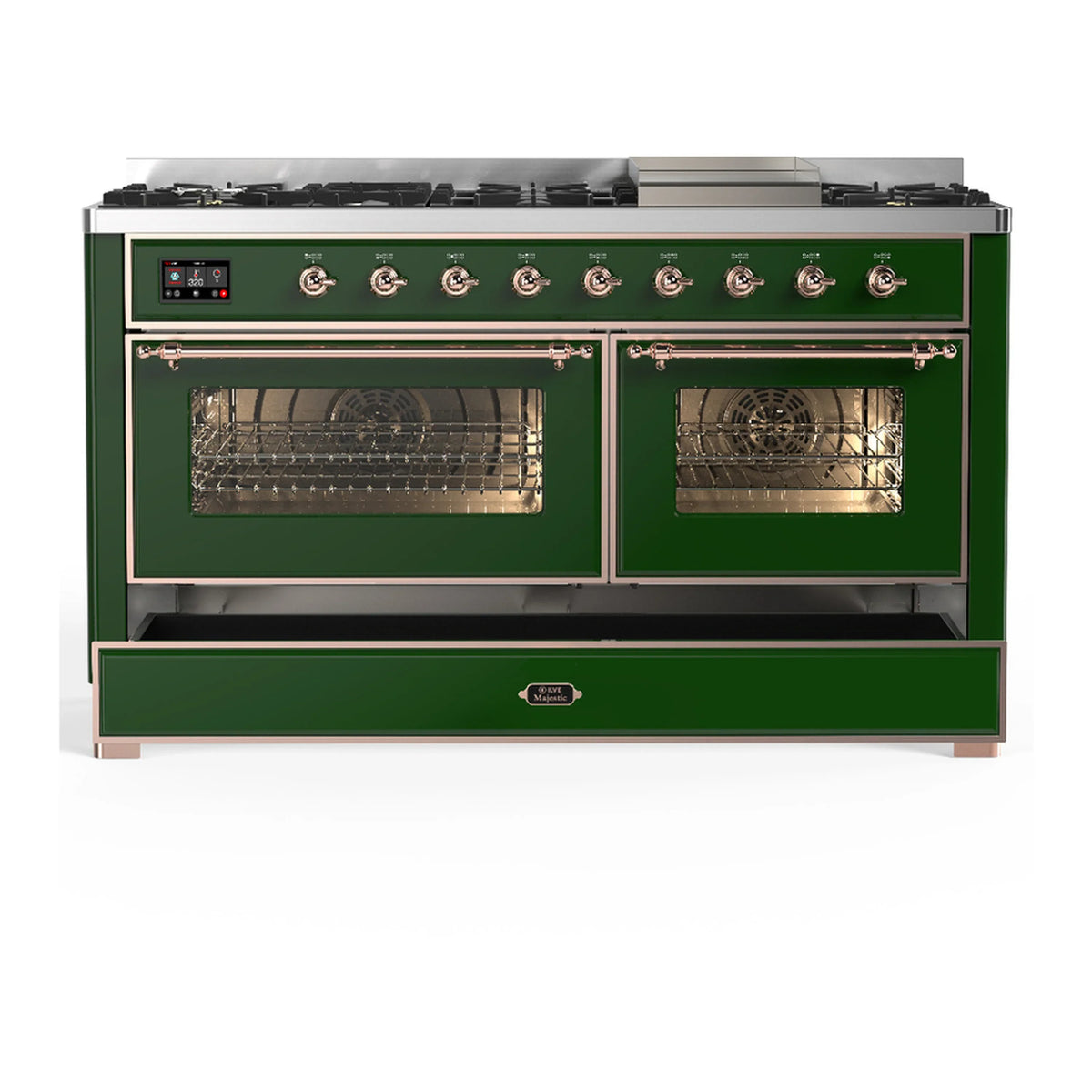 ILVE Majestic III 60-inch Dual Fuel Range with 5 Liquid Propane Burner, Griddle and Triple Glass Door Electric Oven in Emerald Green with Copper Trim (UM60FNR3EGPLP)