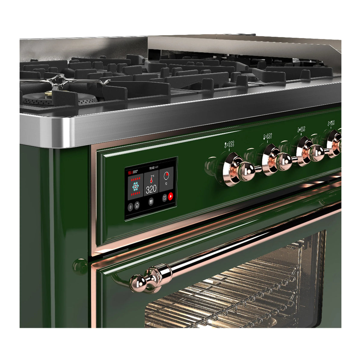 ILVE Majestic III 60-inch Dual Fuel Range with 7 Natural Gas Burner, Griddle and Triple Glass Door Electric Oven in Emerald Green with Copper Trim (UM60FNR3EGP)