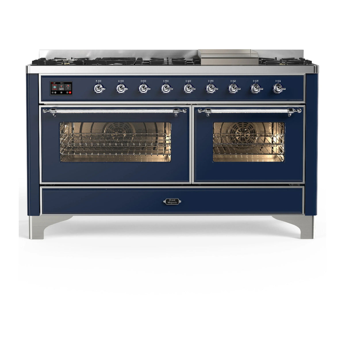 ILVE Majestic III 60-Inch LP Dual Fuel Range, 5 Burners, Griddle, Triple Glass Door Oven, Midnight Blue with Chrome Trim (UM60FNR3MBCLP)