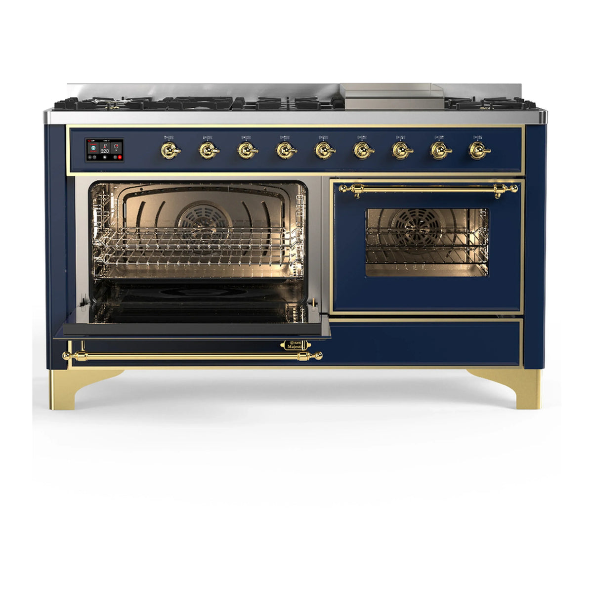 ILVE Majestic III 60-inch Dual Fuel Range with 5 Liquid Propane Burner, Griddle and Triple Glass Door Electric Oven in Midnight Blue with Brass Trim (UM60FNR3MBGLP)