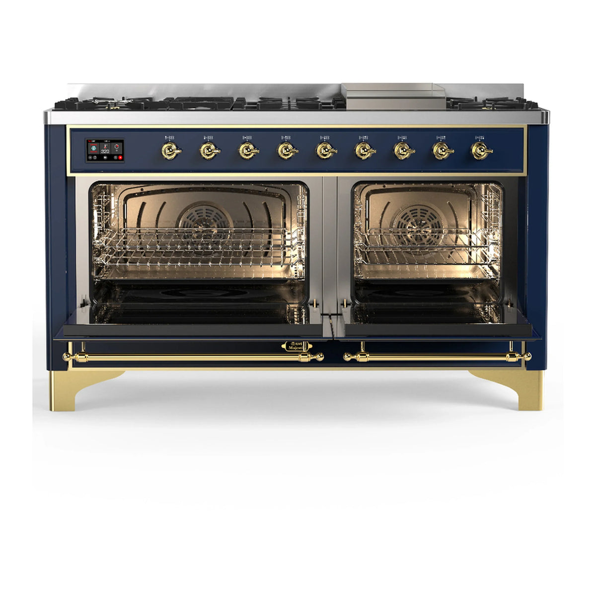 ILVE Majestic III 60-inch Dual Fuel Range with 7 Natural Gas Burner, Griddle and Triple Glass Door Electric Oven in Midnight Blue with Brass Trim (UM60FNR3MBG)