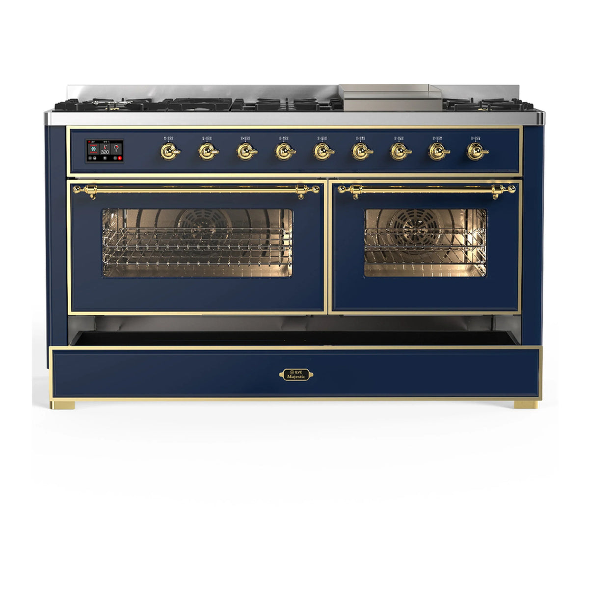 ILVE Majestic III 60-inch Dual Fuel Range with 7 Natural Gas Burner, Griddle and Triple Glass Door Electric Oven in Midnight Blue with Brass Trim (UM60FNR3MBG)