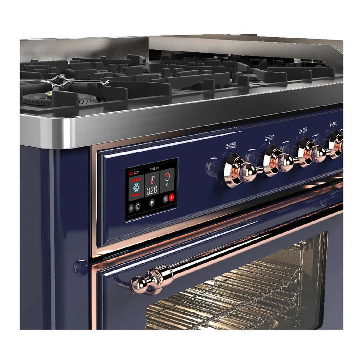 ILVE Majestic III 60-inch Dual Fuel Range with 7 Natural Gas Burner, Griddle and Triple Glass Door Electric Oven in Midnight Blue with Copper Trim (UM60FNR3MBP)