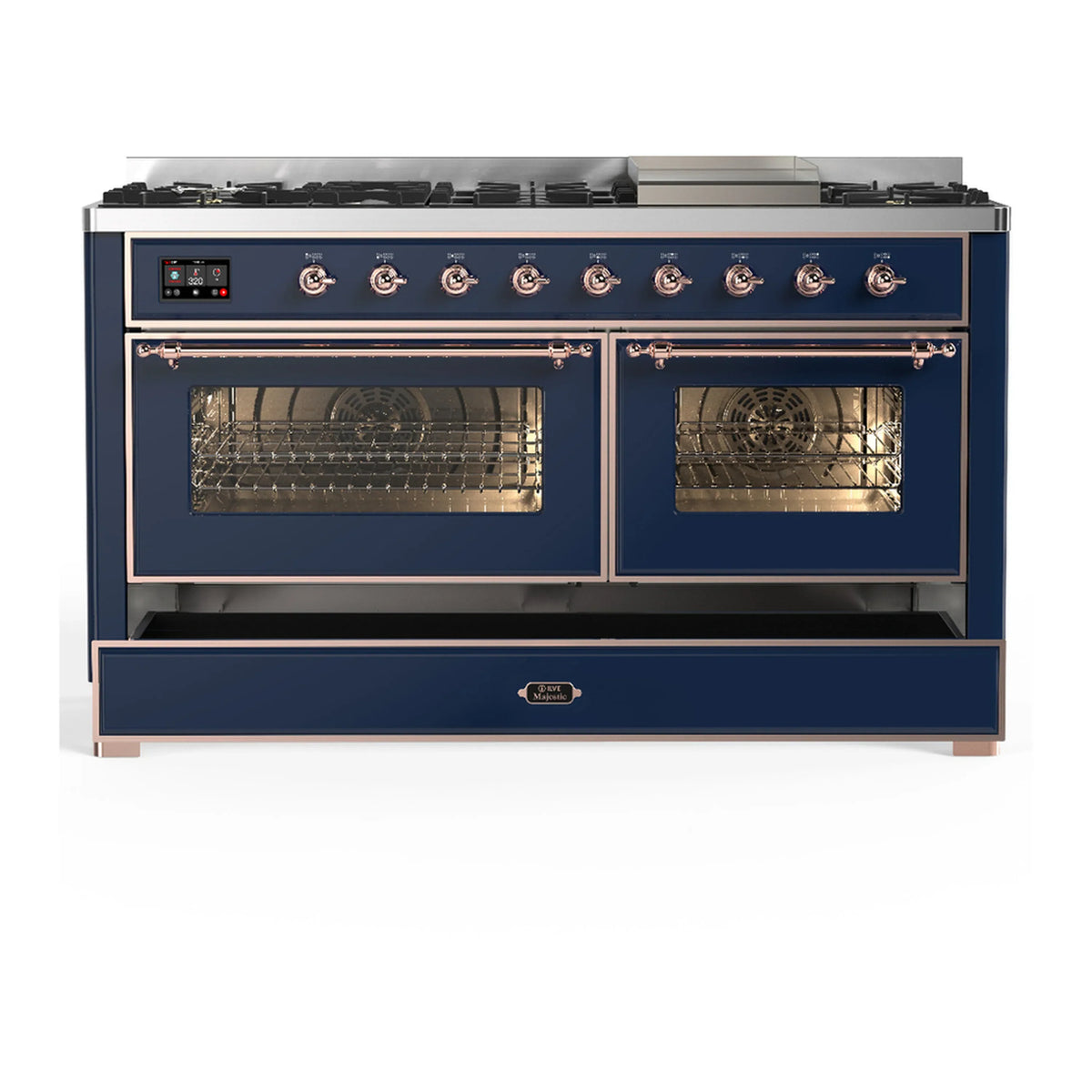 ILVE Majestic III 60-inch Dual Fuel Range with 7 Natural Gas Burner, Griddle and Triple Glass Door Electric Oven in Midnight Blue with Copper Trim (UM60FNR3MBP)