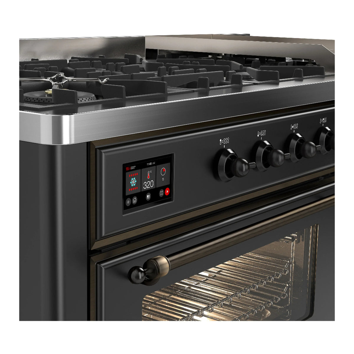 ILVE Majestic III 60-inch Dual Fuel Range with 5 Liquid Propane Burner, Griddle and Triple Glass Door Electric Oven in Graphite Matte with Burnished Trim (UM60FNR3MGBLP)
