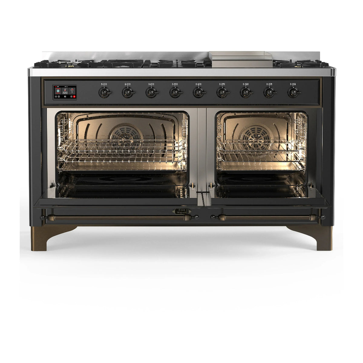 ILVE Majestic III 60-inch Dual Fuel Range with 5 Liquid Propane Burner, Griddle and Triple Glass Door Electric Oven in Graphite Matte with Burnished Trim (UM60FNR3MGBLP)