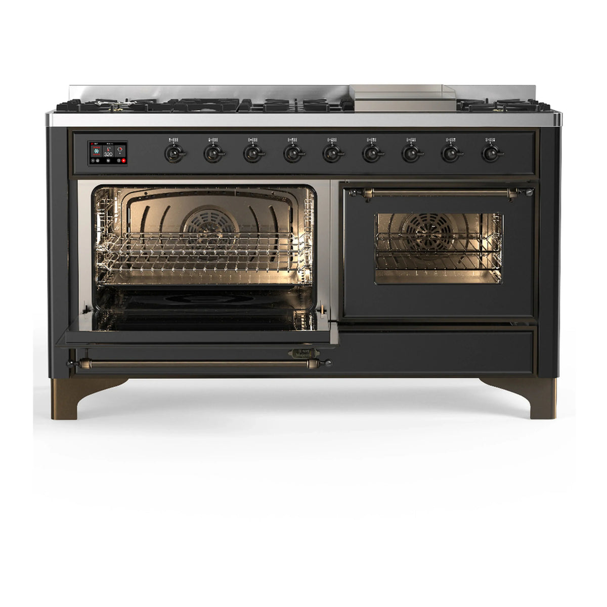 ILVE Majestic III 60-inch Dual Fuel Range with 5 Liquid Propane Burner, Griddle and Triple Glass Door Electric Oven in Graphite Matte with Burnished Trim (UM60FNR3MGBLP)