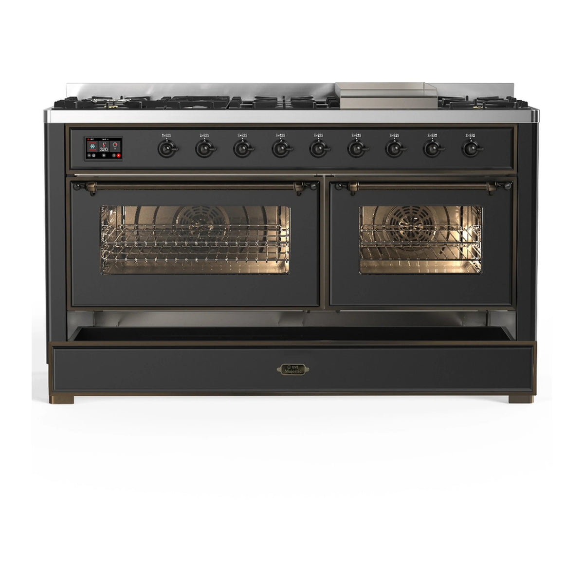 ILVE Majestic III 60-inch Dual Fuel Range with 5 Liquid Propane Burner, Griddle and Triple Glass Door Electric Oven in Graphite Matte with Burnished Trim (UM60FNR3MGBLP)