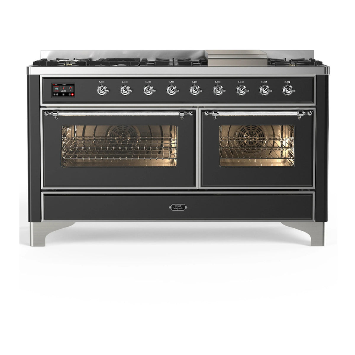 ILVE Majestic III 60-Inch NG Dual Fuel Range, 7 Burners, Griddle, Triple Glass Door Oven, Graphite Matte with Chrome Trim (UM60FNR3MGC)