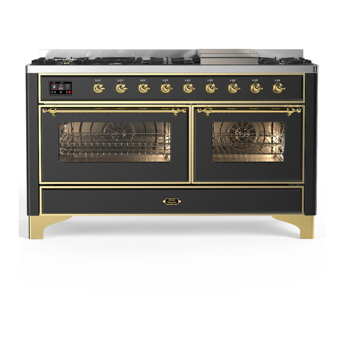 ILVE Majestic III 60-inch Dual Fuel Range with 5 Liquid Propane Burner, Griddle and Triple Glass Door Electric Oven in Graphite Matte with Brass Trim (UM60FNR3MGGLP)