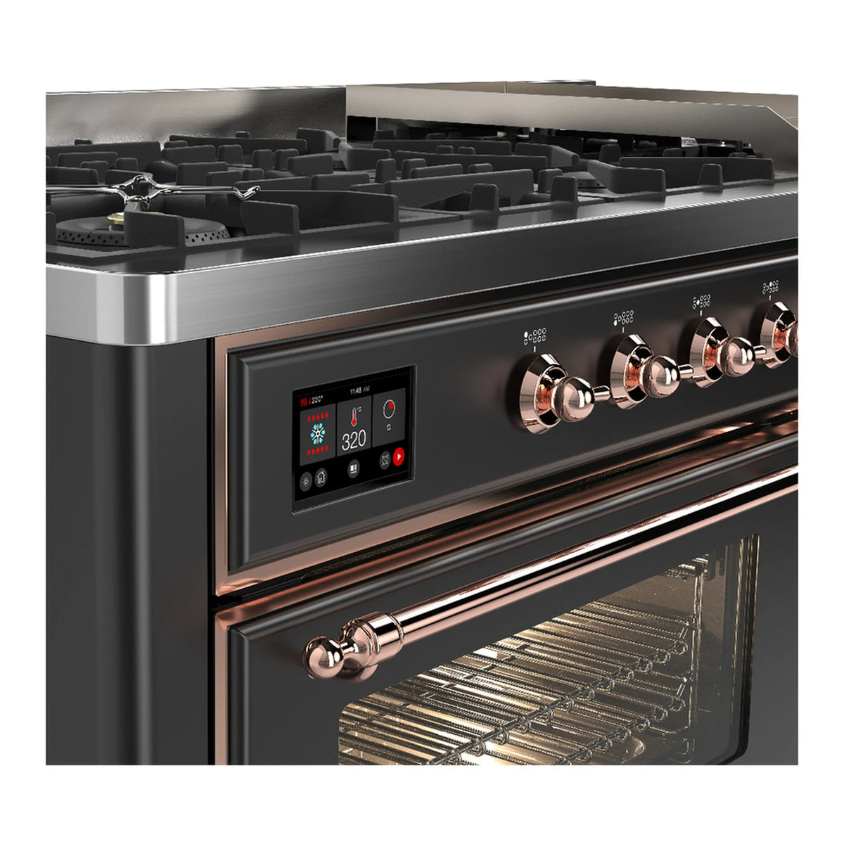 ILVE Majestic III 60-inch Dual Fuel Range with 7 Natural Gas Burner, Griddle and Triple Glass Door Electric Oven in Graphite Matte with Copper Trim (UM60FNR3MGP)
