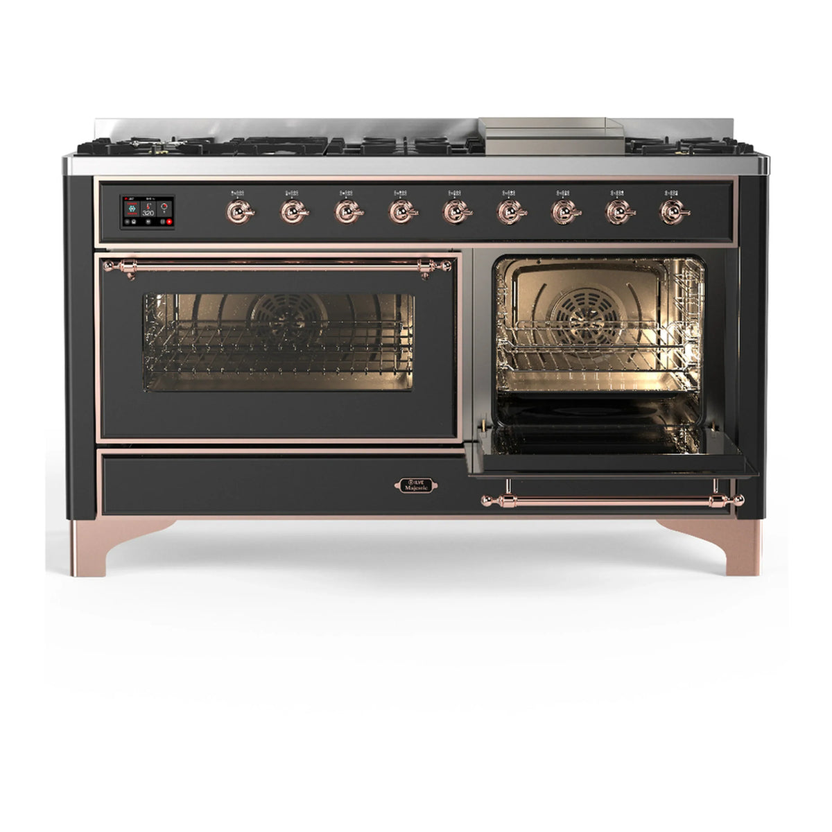 ILVE Majestic III 60-inch Dual Fuel Range with 7 Natural Gas Burner, Griddle and Triple Glass Door Electric Oven in Graphite Matte with Copper Trim (UM60FNR3MGP)