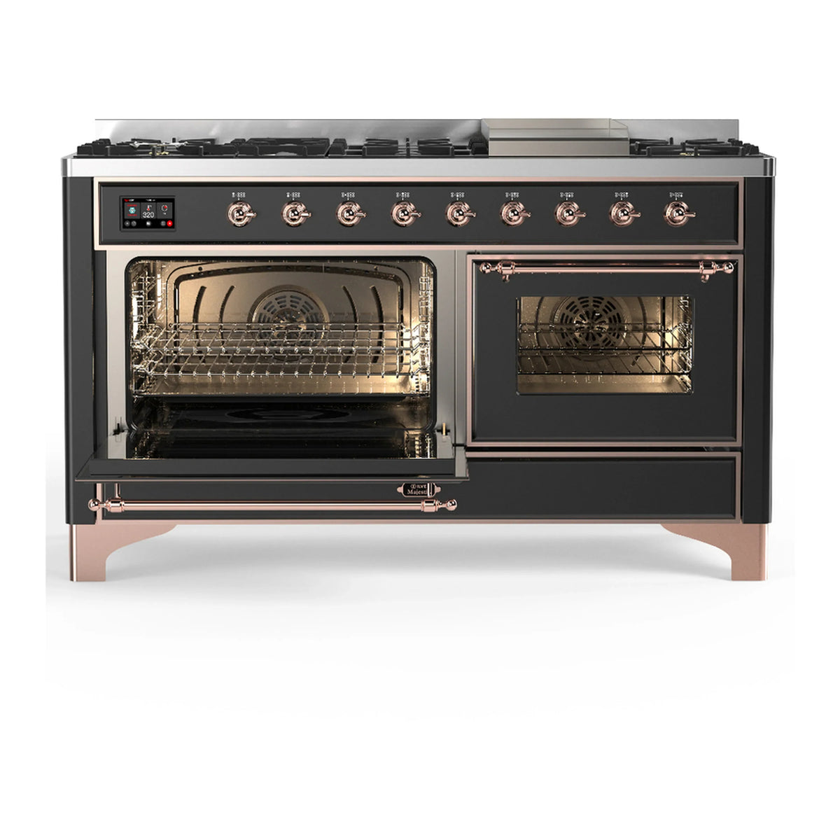 ILVE Majestic III 60-inch Dual Fuel Range with 7 Natural Gas Burner, Griddle and Triple Glass Door Electric Oven in Graphite Matte with Copper Trim (UM60FNR3MGP)
