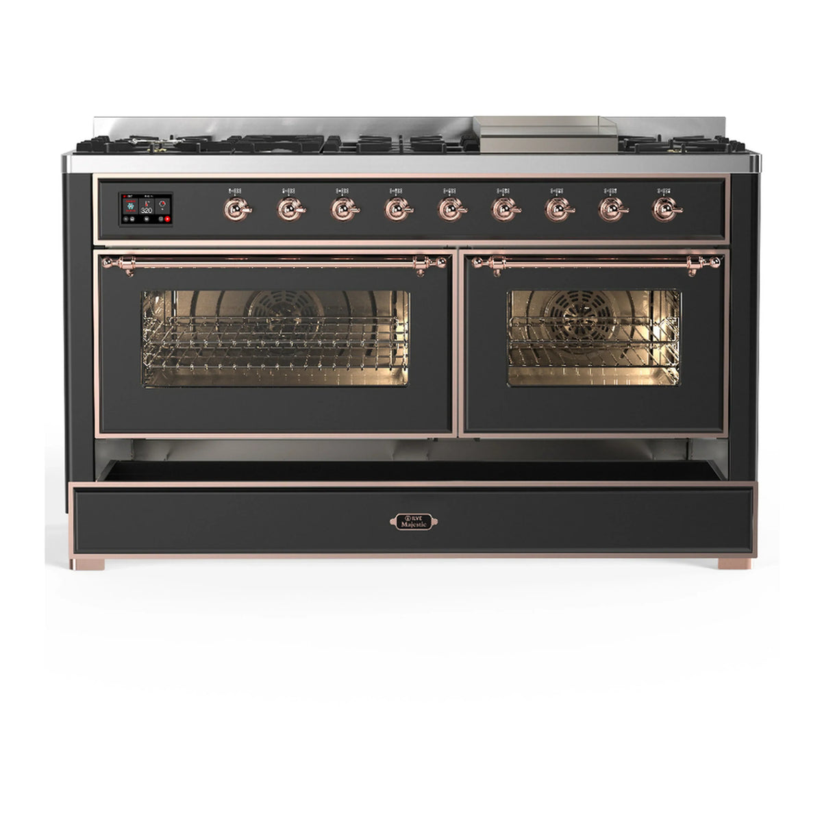 ILVE Majestic III 60-inch Dual Fuel Range with 7 Natural Gas Burner, Griddle and Triple Glass Door Electric Oven in Graphite Matte with Copper Trim (UM60FNR3MGP)