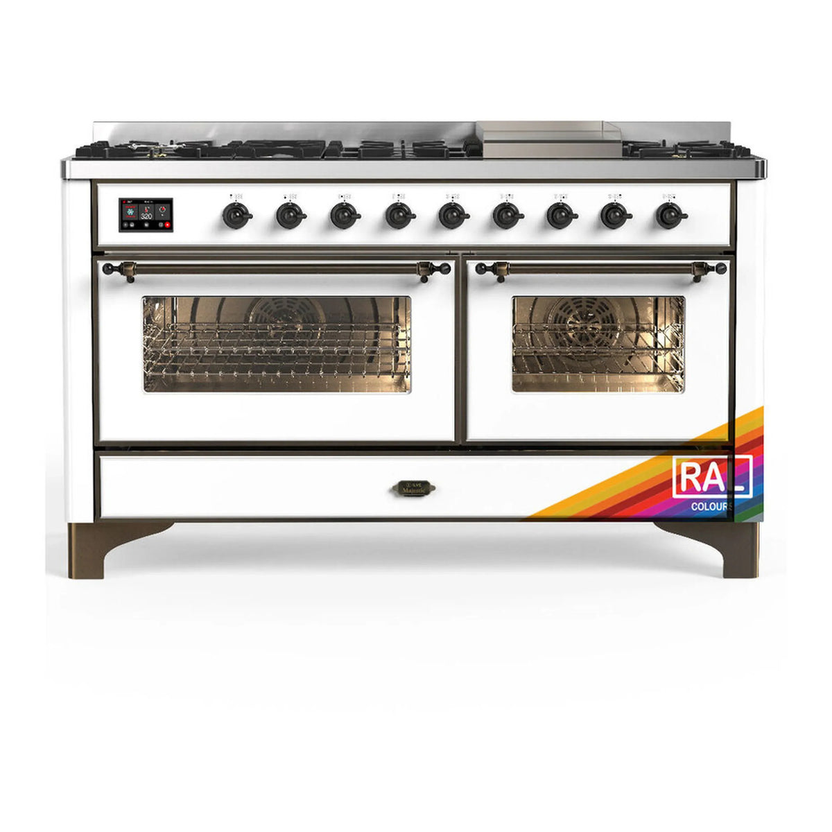 ILVE Majestic III 60-inch Dual Fuel Range with 7 Natural Gas Burner, Griddle and Triple Glass Door Electric Oven in RAL with Burnished Trim (UM60FNR3RAB)