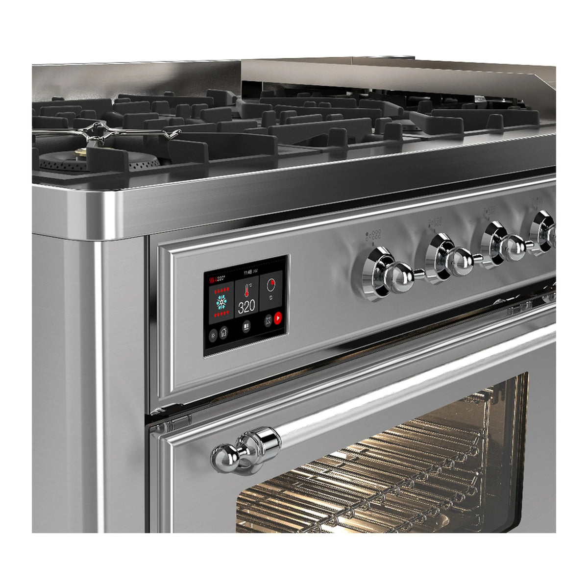 ILVE Majestic III 60-inch Dual Fuel Range with 7 Natural Gas Burner, Griddle and Triple Glass Door Electric Oven in Stainless Steel with Chrome Trim (UM60FNR3SSC)