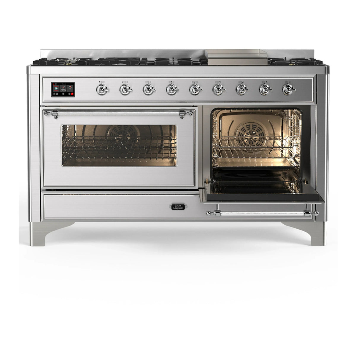 ILVE Majestic III 60-inch Dual Fuel Range with 7 Natural Gas Burner, Griddle and Triple Glass Door Electric Oven in Stainless Steel with Chrome Trim (UM60FNR3SSC)
