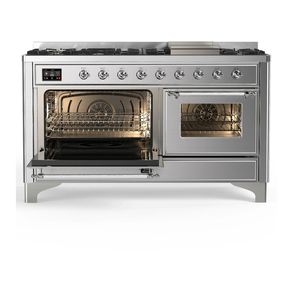 ILVE Majestic III 60-inch Dual Fuel Range with 7 Natural Gas Burner, Griddle and Triple Glass Door Electric Oven in Stainless Steel with Chrome Trim (UM60FNR3SSC)