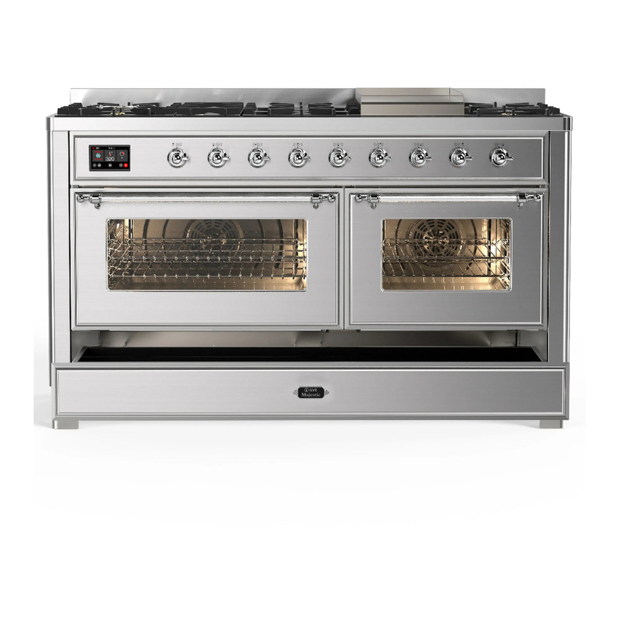 ILVE Majestic III 60-inch Dual Fuel Range with 7 Natural Gas Burner, Griddle and Triple Glass Door Electric Oven in Stainless Steel with Chrome Trim (UM60FNR3SSC)
