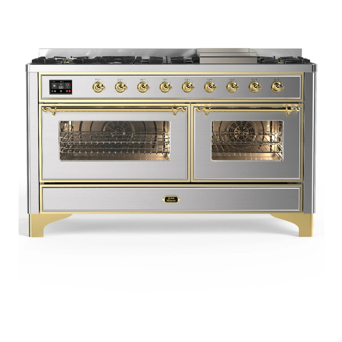 ILVE Majestic III 60-Inch NG Dual Fuel Range, 7 Burners, Griddle, Triple Glass Door Oven, Stainless Steel with Brass Trim (UM60FNR3SSG)