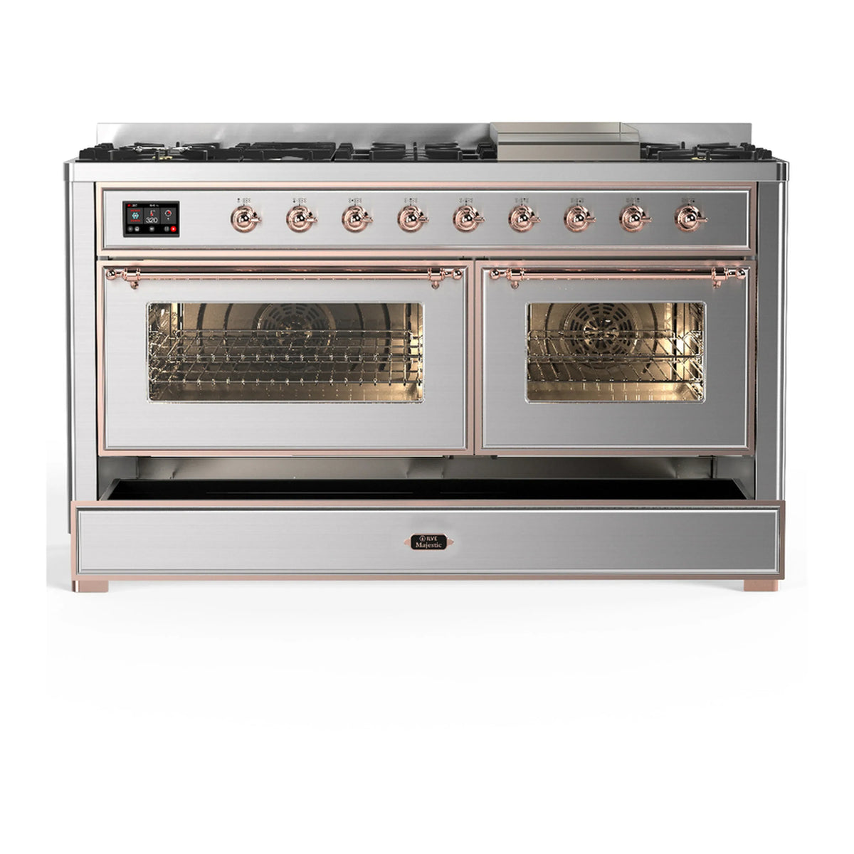 ILVE Majestic III 60-inch Dual Fuel Range with 5 Liquid Propane Burner, Griddle and Triple Glass Door Electric Oven in Stainless Steel with Copper Trim (UM60FNR3SSPLP)
