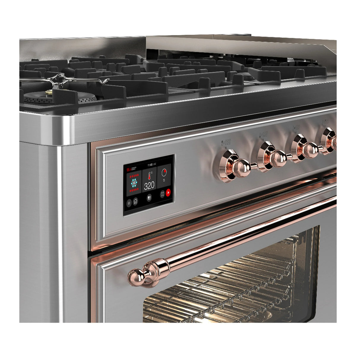ILVE Majestic III 60-inch Dual Fuel Range with 7 Natural Gas Burner, Griddle and Triple Glass Door Electric Oven in Stainless Steel with Copper Trim (UM60FNR3SSP)