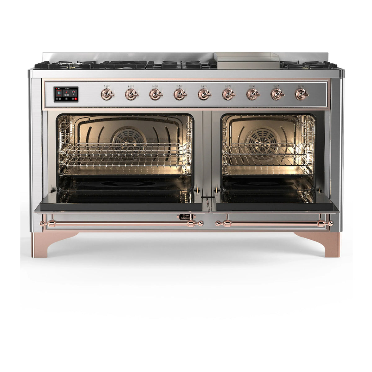 ILVE Majestic III 60-inch Dual Fuel Range with 7 Natural Gas Burner, Griddle and Triple Glass Door Electric Oven in Stainless Steel with Copper Trim (UM60FNR3SSP)