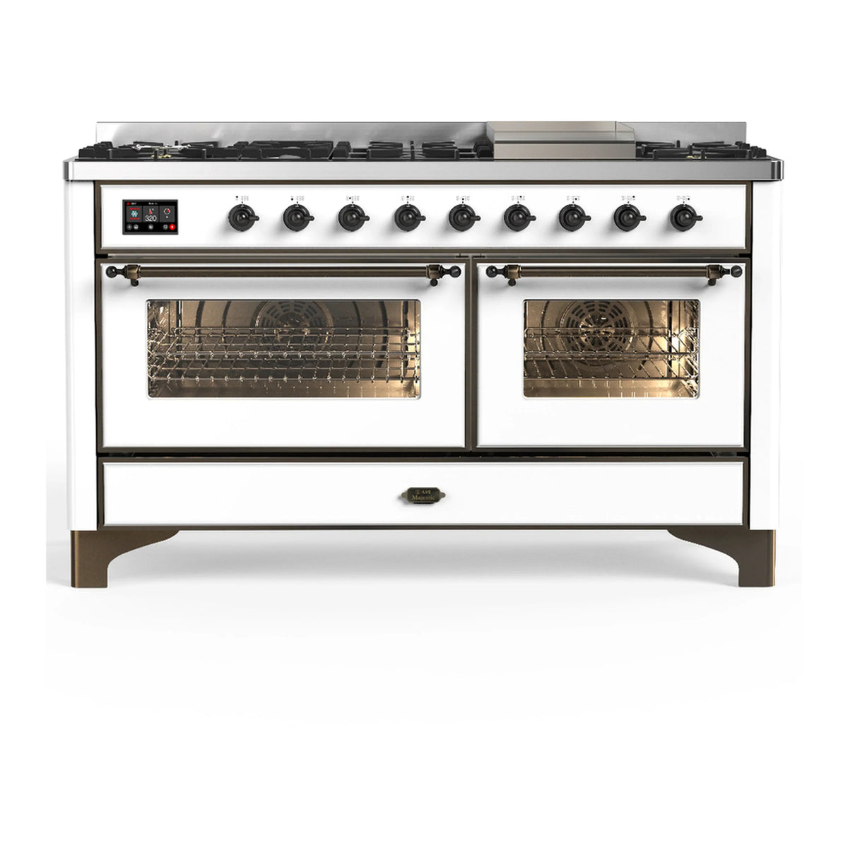 ILVE Majestic III 60-Inch NG Dual Fuel Range, 7 Burners, Griddle, Triple Glass Door Oven, White with Burnished Trim (UM60FNR3WHB)