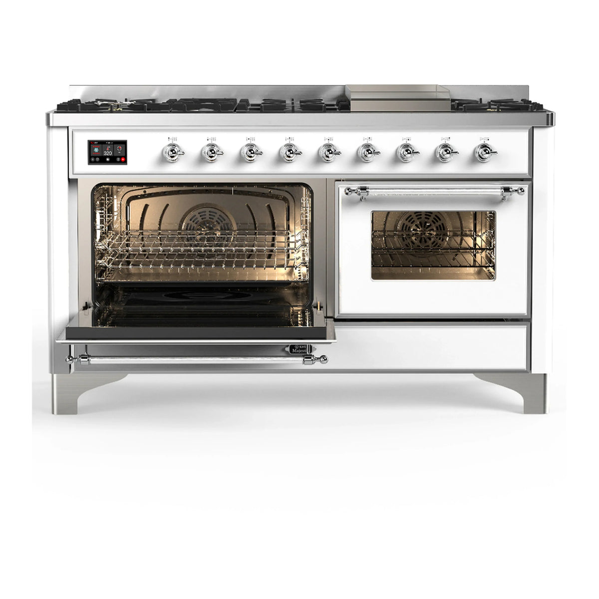 ILVE Majestic III 60-inch Dual Fuel Range with 5 Liquid Propane Burner, Griddle and Triple Glass Door Electric Oven in White with Chrome Trim (UM60FNR3WHCLP)