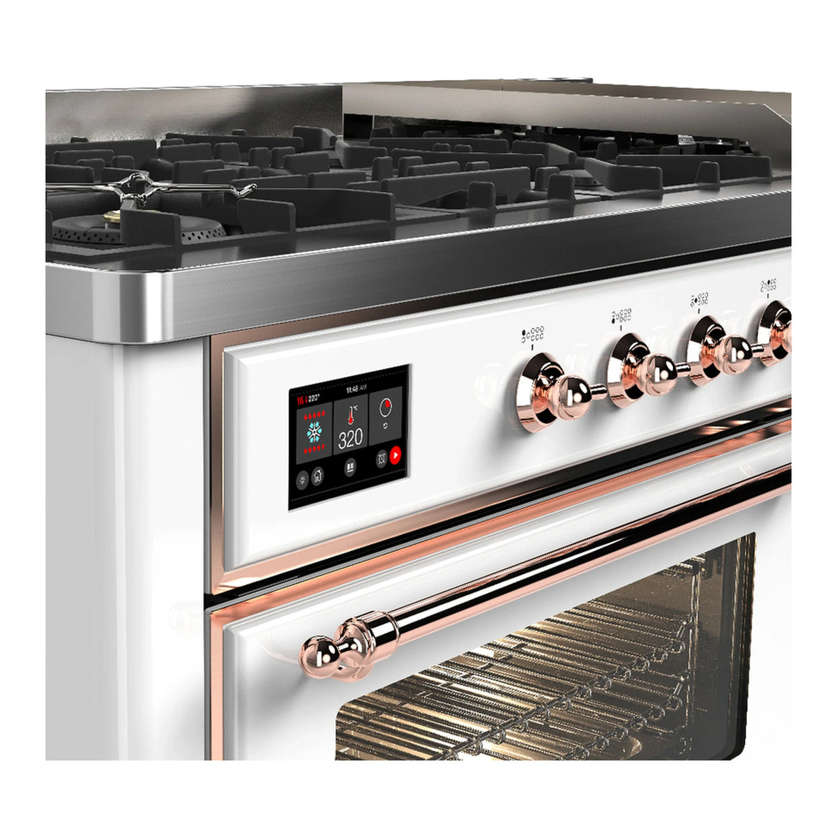 ILVE Majestic III 60-inch Dual Fuel Range with 7 Natural Gas Burner, Griddle and Triple Glass Door Electric Oven in White with Copper Trim (UM60FNR3WHP)