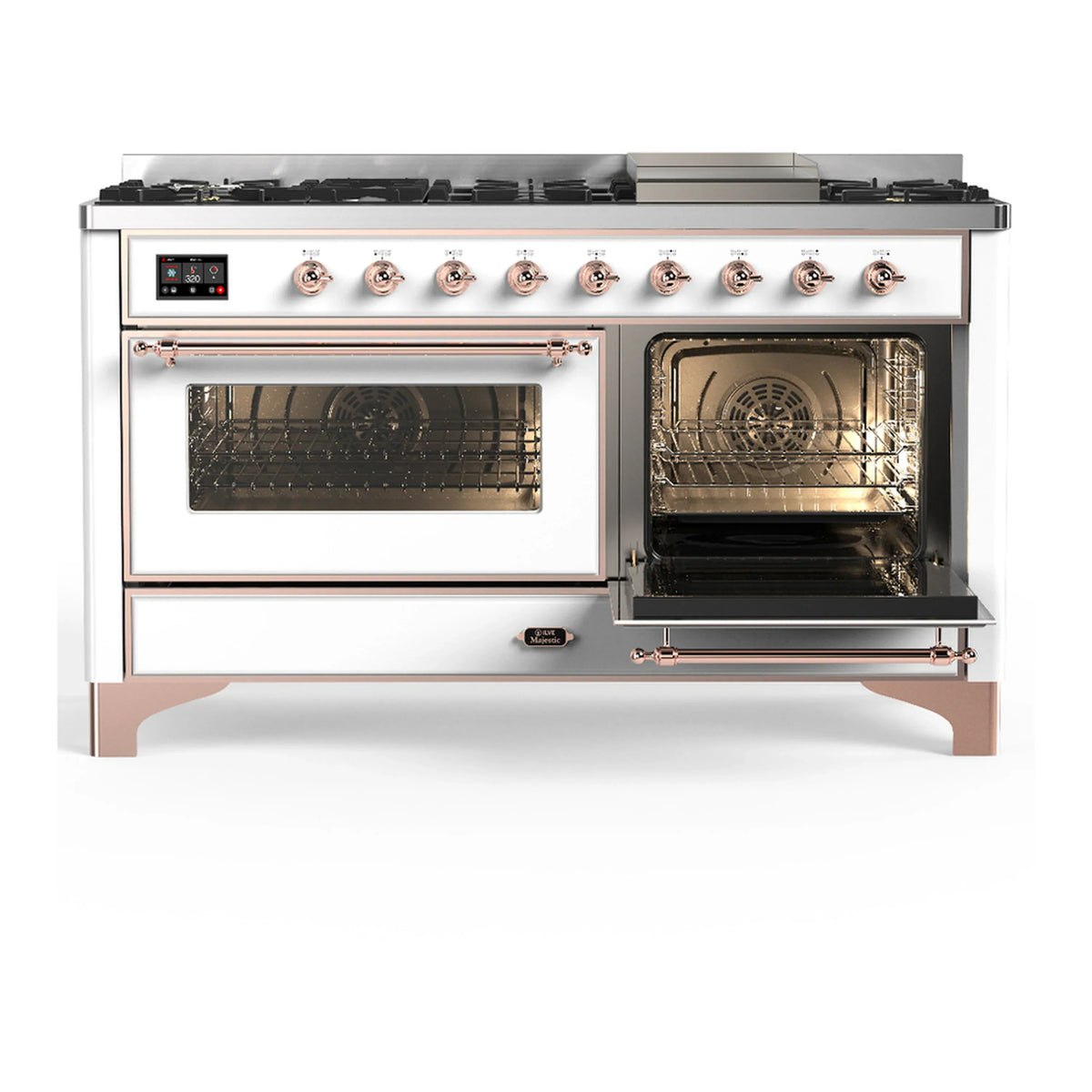 ILVE Majestic III 60-inch Dual Fuel Range with 7 Natural Gas Burner, Griddle and Triple Glass Door Electric Oven in White with Copper Trim (UM60FNR3WHP)