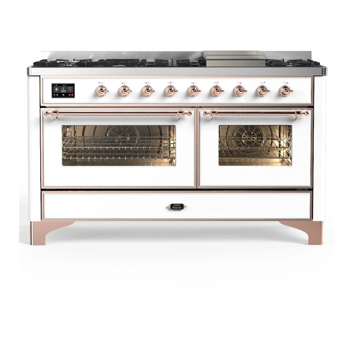 ILVE Majestic III 60-inch Dual Fuel Range with 7 Natural Gas Burner, Griddle and Triple Glass Door Electric Oven in White with Copper Trim (UM60FNR3WHP)