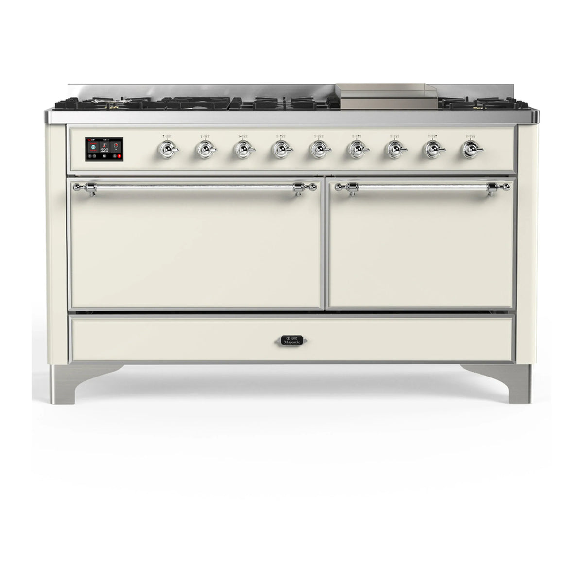 ILVE Majestic III 60-Inch LP Dual Fuel Range, 5 Burners, Griddle, Solid Door Oven, Antique White with Chrome Trim (UM60FQNR3AWCLP)