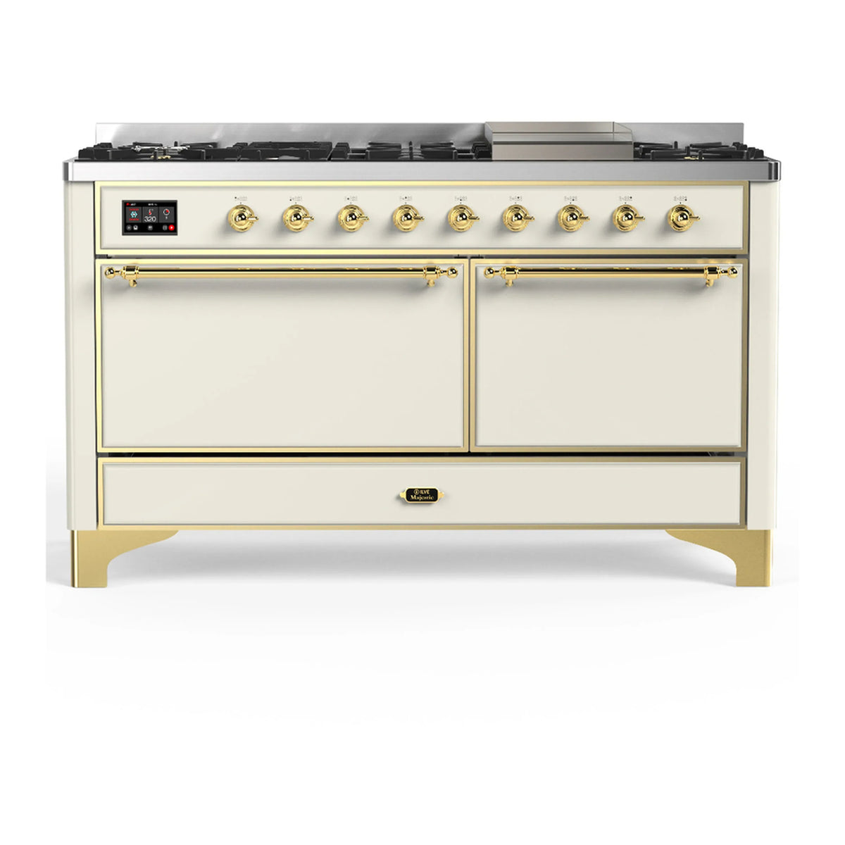 ILVE Majestic III 60-Inch LP Dual Fuel Range, 5 Burners, Griddle, Solid Door Oven, Antique White with Brass Trim (UM60FQNR3AWGLP)