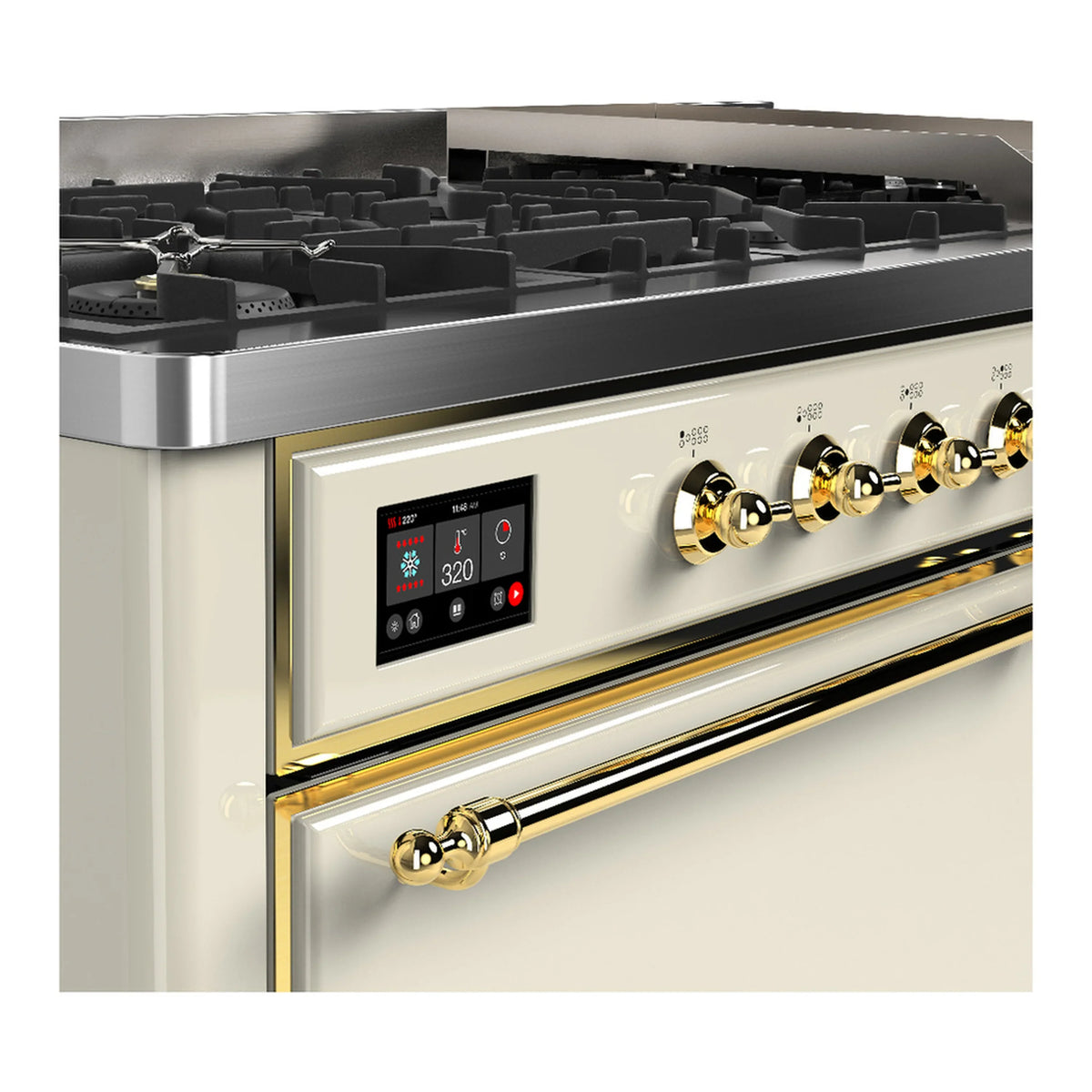 ILVE Majestic III 60-inch Dual Fuel Range with 7 Natural Gas Burner, Griddle and Solid Door Electric Oven in Antique White with Brass Trim (UM60FQNR3AWG)