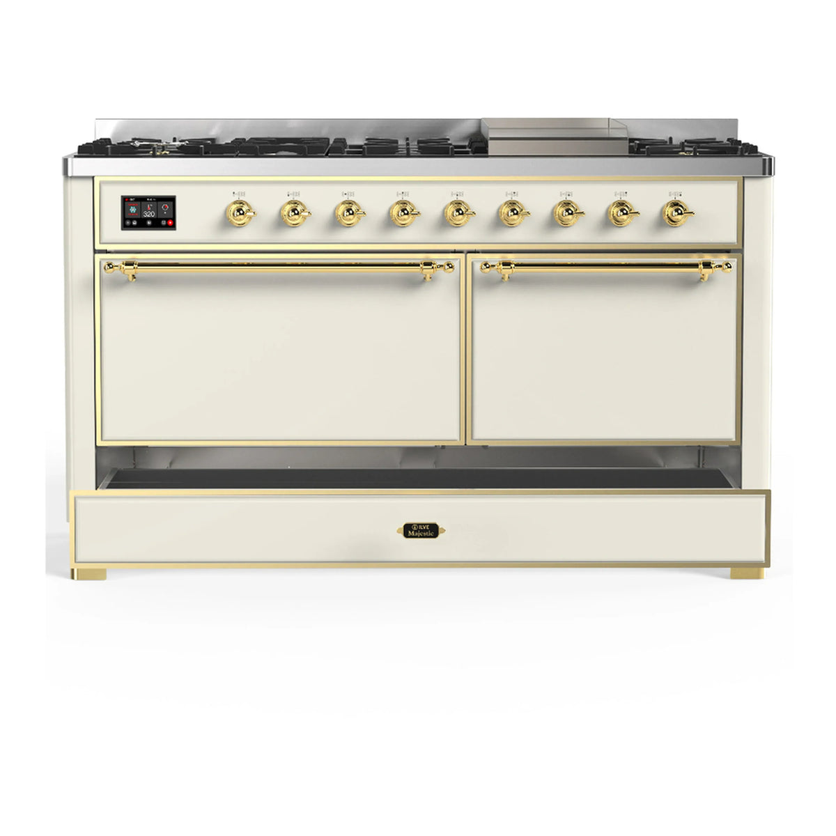 ILVE Majestic III 60-inch Dual Fuel Range with 7 Natural Gas Burner, Griddle and Solid Door Electric Oven in Antique White with Brass Trim (UM60FQNR3AWG)