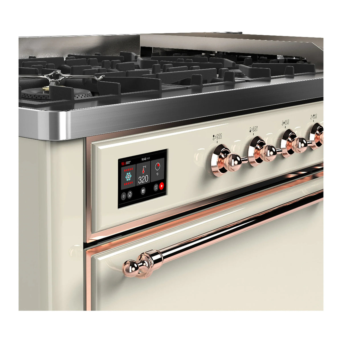 ILVE Majestic III 60-inch Dual Fuel Range with 7 Natural Gas Burner, Griddle and Solid Door Electric Oven in Antique White with Copper Trim (UM60FQNR3AWP)