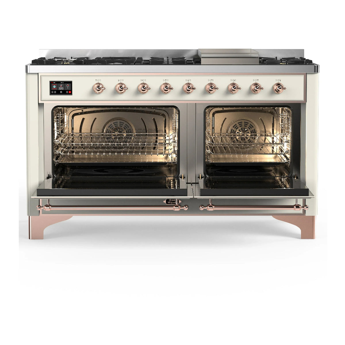 ILVE Majestic III 60-inch Dual Fuel Range with 7 Natural Gas Burner, Griddle and Solid Door Electric Oven in Antique White with Copper Trim (UM60FQNR3AWP)
