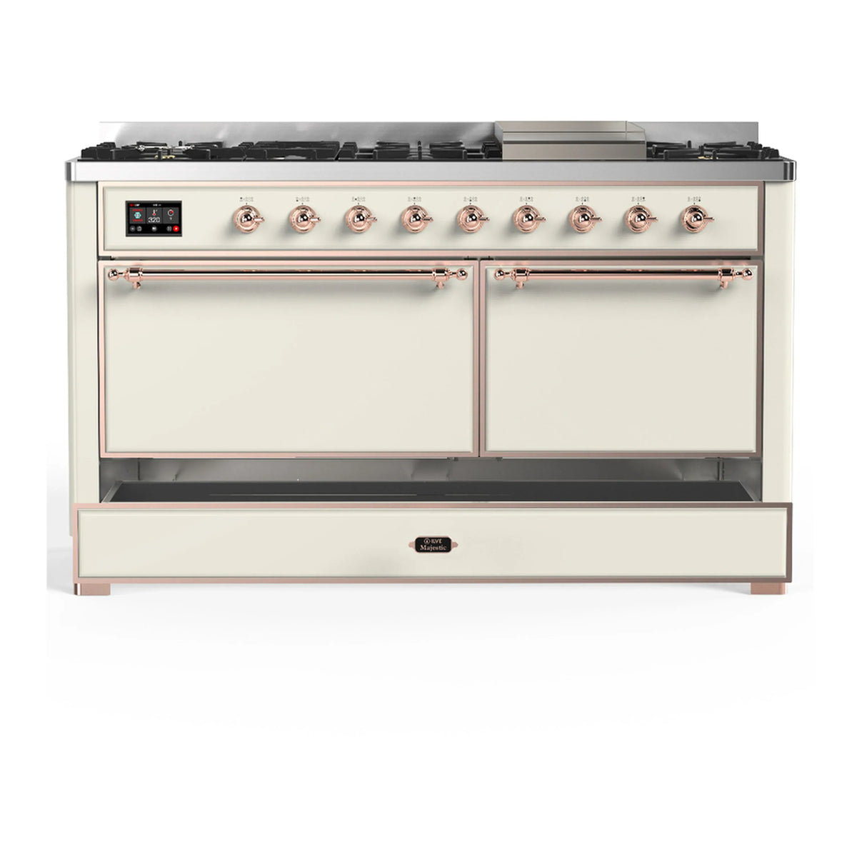 ILVE Majestic III 60-inch Dual Fuel Range with 7 Natural Gas Burner, Griddle and Solid Door Electric Oven in Antique White with Copper Trim (UM60FQNR3AWP)