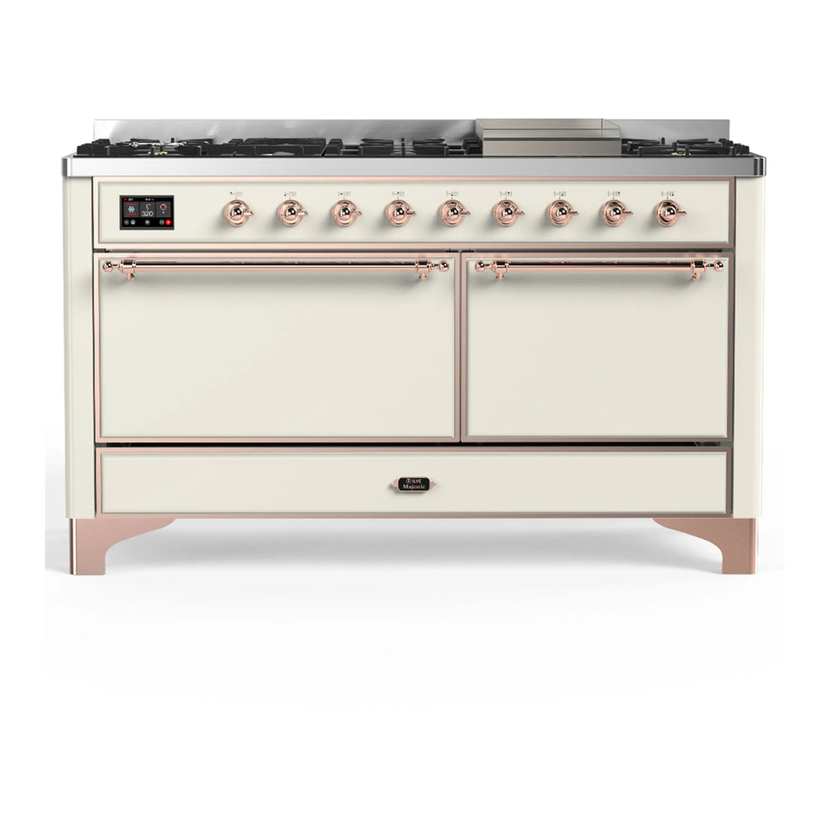 ILVE Majestic III 60-inch Dual Fuel Range with 7 Natural Gas Burner, Griddle and Solid Door Electric Oven in Antique White with Copper Trim (UM60FQNR3AWP)