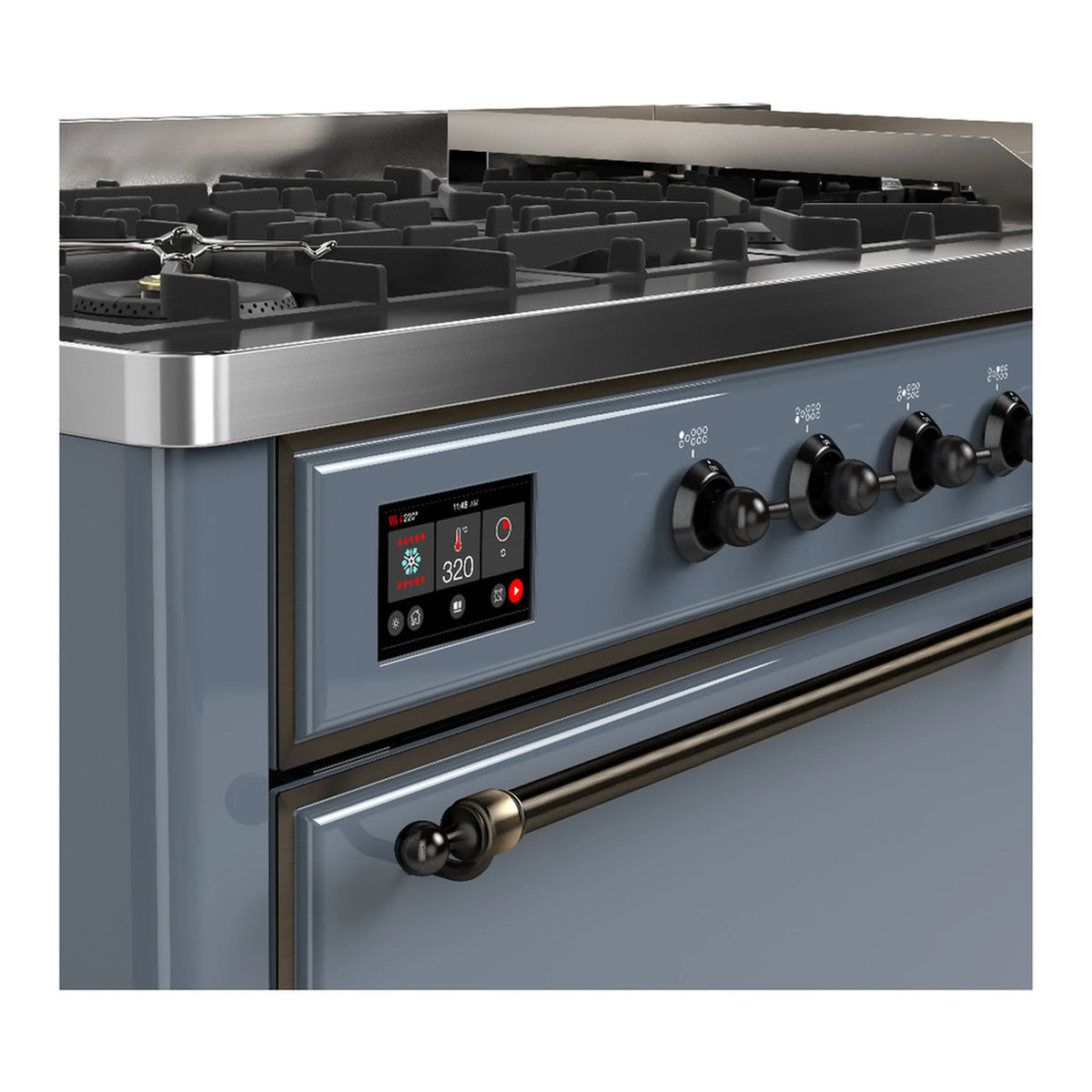 ILVE Majestic III 60-inch Dual Fuel Range with 7 Natural Gas Burner, Griddle and Solid Door Electric Oven in Blue Grey with Burnished Trim (UM60FQNR3BGB)