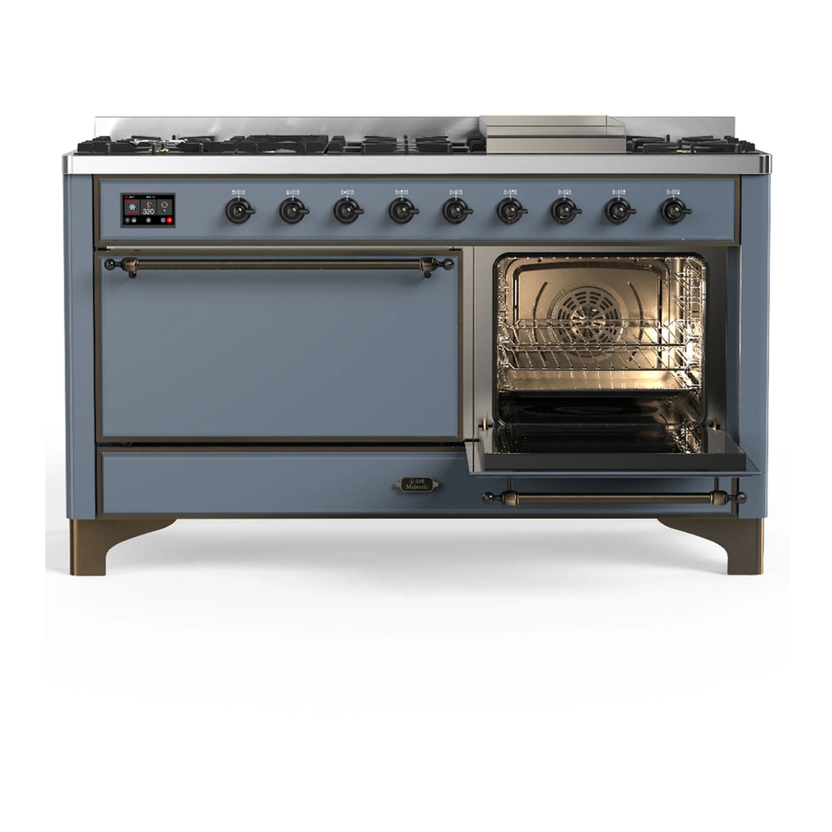 ILVE Majestic III 60-inch Dual Fuel Range with 7 Natural Gas Burner, Griddle and Solid Door Electric Oven in Blue Grey with Burnished Trim (UM60FQNR3BGB)