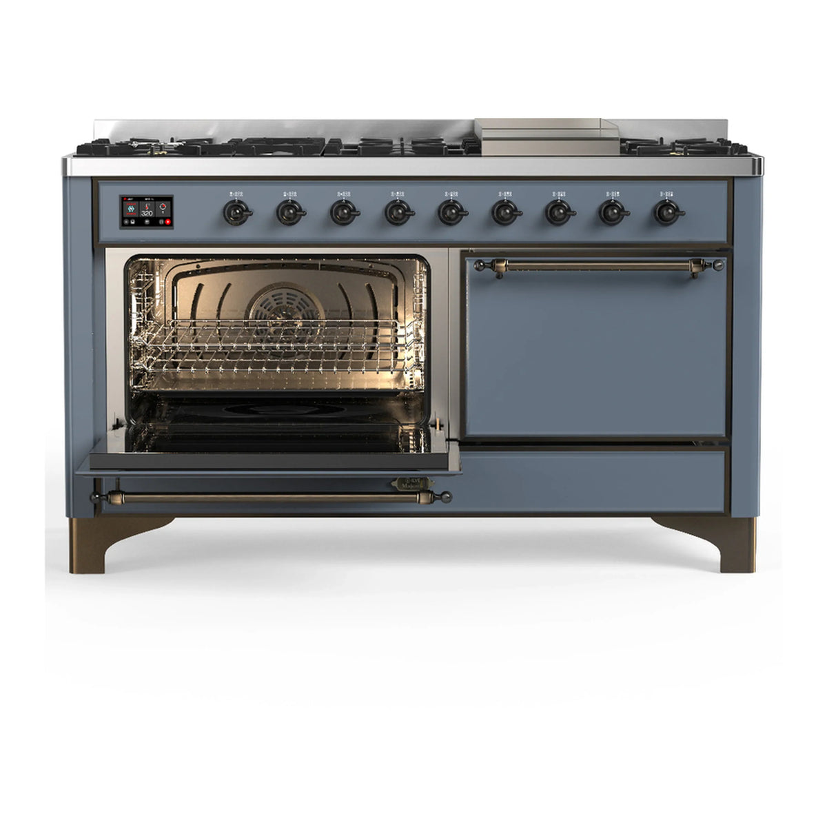 ILVE Majestic III 60-inch Dual Fuel Range with 7 Natural Gas Burner, Griddle and Solid Door Electric Oven in Blue Grey with Burnished Trim (UM60FQNR3BGB)