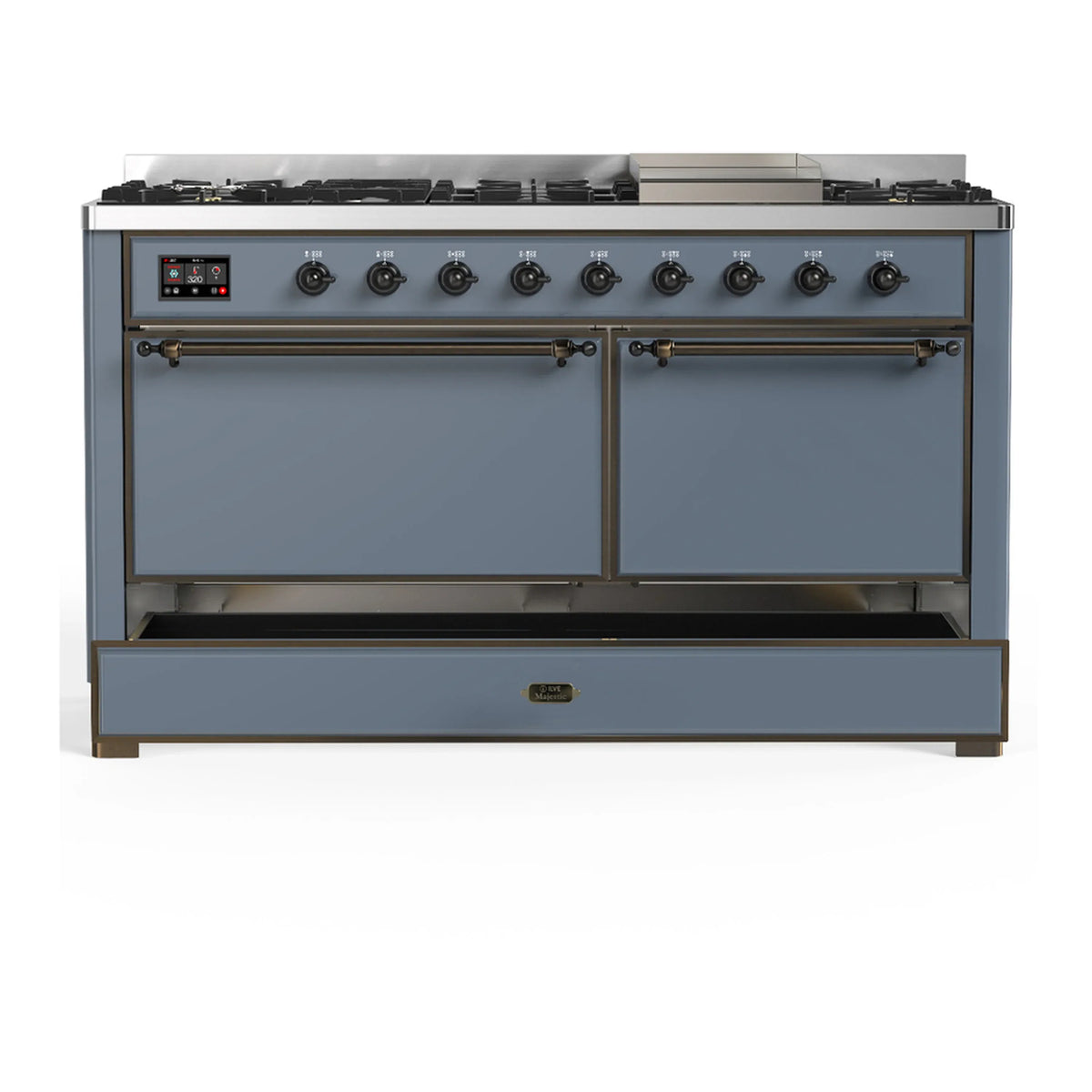 ILVE Majestic III 60-inch Dual Fuel Range with 7 Natural Gas Burner, Griddle and Solid Door Electric Oven in Blue Grey with Burnished Trim (UM60FQNR3BGB)