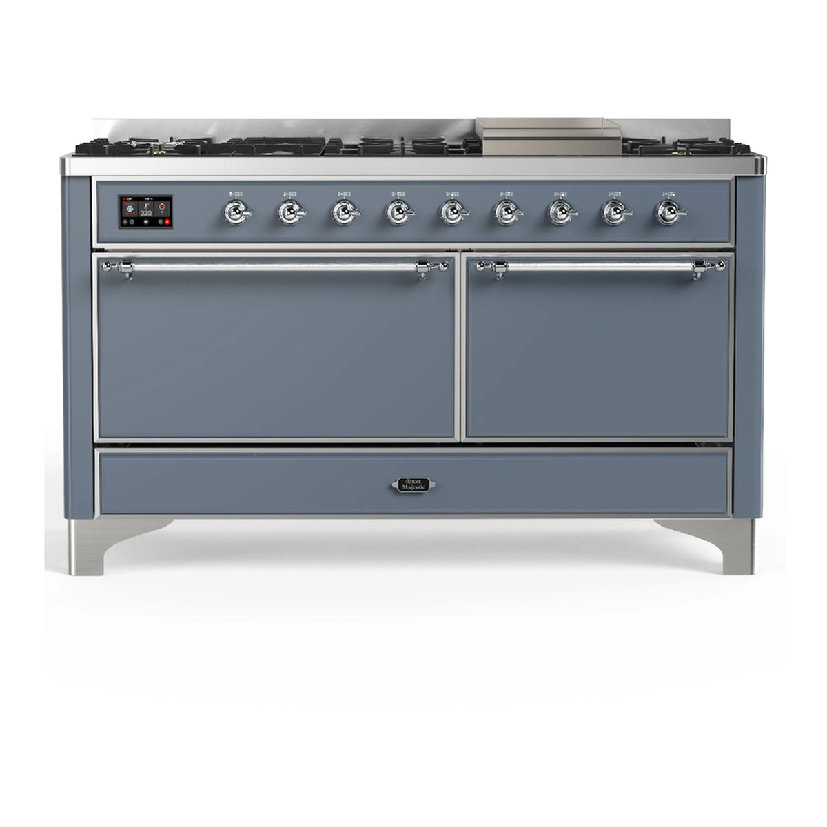 ILVE Majestic III 60-inch Dual Fuel Range with 5 Liquid Propane Burner, Griddle and Solid Door Electric Oven in Blue Grey with Chrome Trim (UM60FQNR3BGCLP)