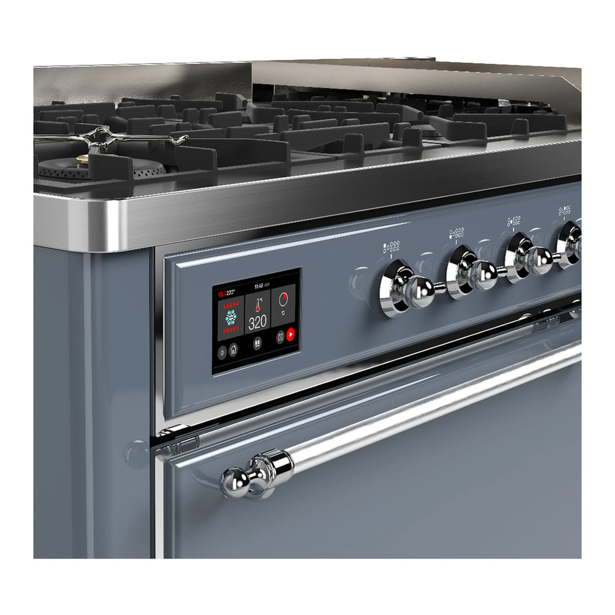 ILVE Majestic III 60-inch Dual Fuel Range with 7 Natural Gas Burner, Griddle and Solid Door Electric Oven in Blue Grey with Chrome Trim (UM60FQNR3BGC)