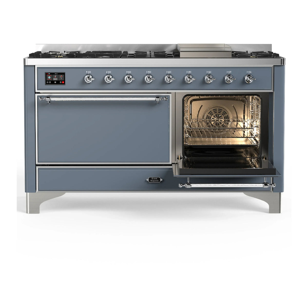 ILVE Majestic III 60-inch Dual Fuel Range with 7 Natural Gas Burner, Griddle and Solid Door Electric Oven in Blue Grey with Chrome Trim (UM60FQNR3BGC)