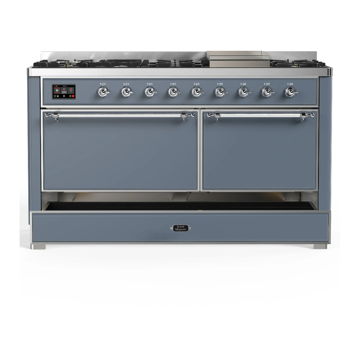 ILVE Majestic III 60-inch Dual Fuel Range with 7 Natural Gas Burner, Griddle and Solid Door Electric Oven in Blue Grey with Chrome Trim (UM60FQNR3BGC)